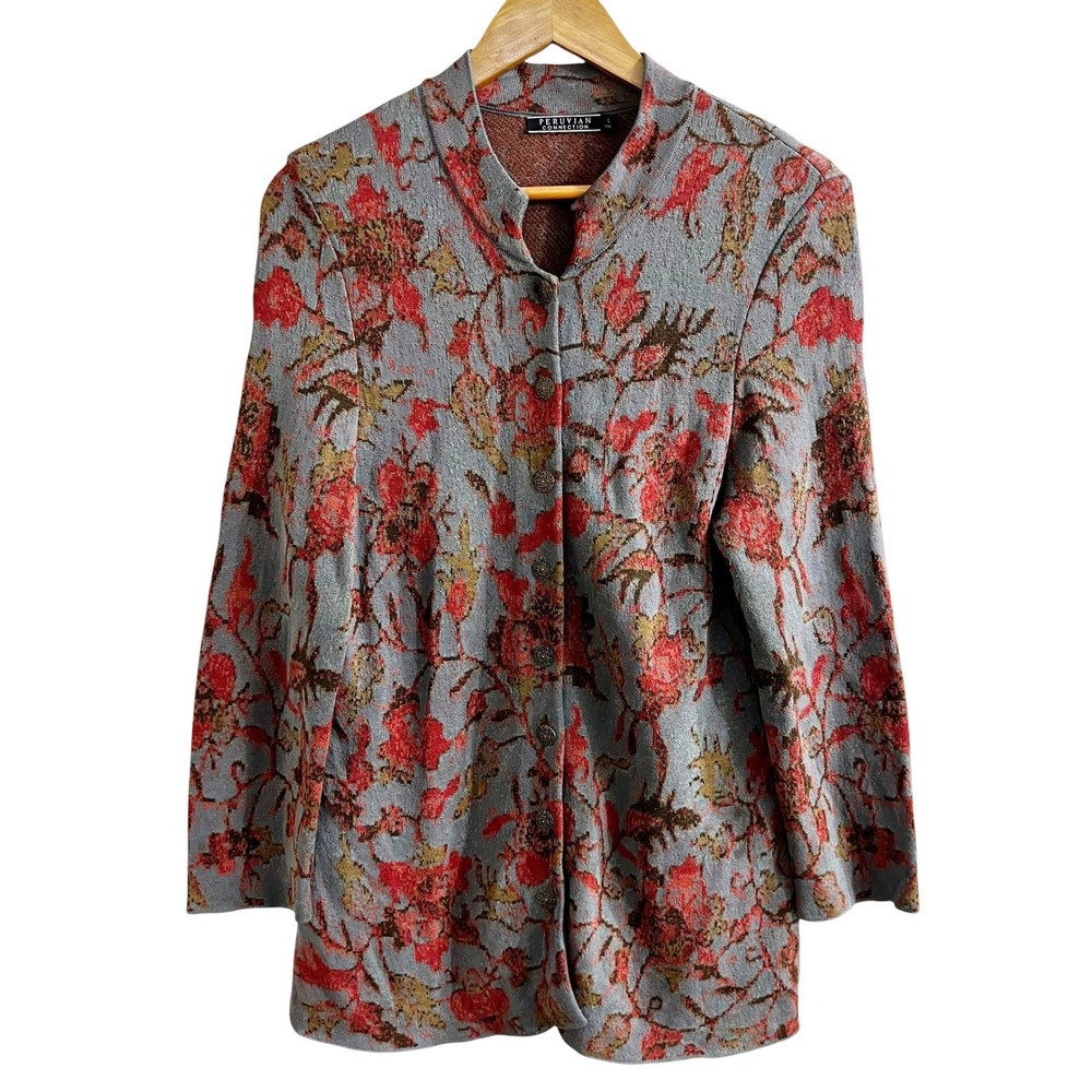 Peruvian Connection Floral Pima Cotton Jacquard‎ Button Cardigan Sweater Blue L